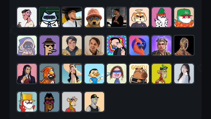 The image features a grid of 24 different cartoon characters, each with their own unique style and appearance. The characters are arranged in four rows and six columns against a black background. Some of the characters include a man wearing a hat, a woman holding a camera, an orange cat, and various other colorful cartoon figures. The post also includes text that reads "I am cooking in Smart followers kaito officially launched Kaito card's I don' t know what influence coming with this but this looking good hope kaito knows Wallchain and cookies got banned".
