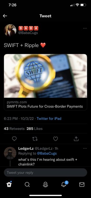 A Twitter screenshot showing a tweet from @BabaCugs reading 'SWIFT + Ripple ❤️' with a link about SWIFT Ploting Future for Cross-Border Payments, timestamped 6:23 PM on 10/3/22.