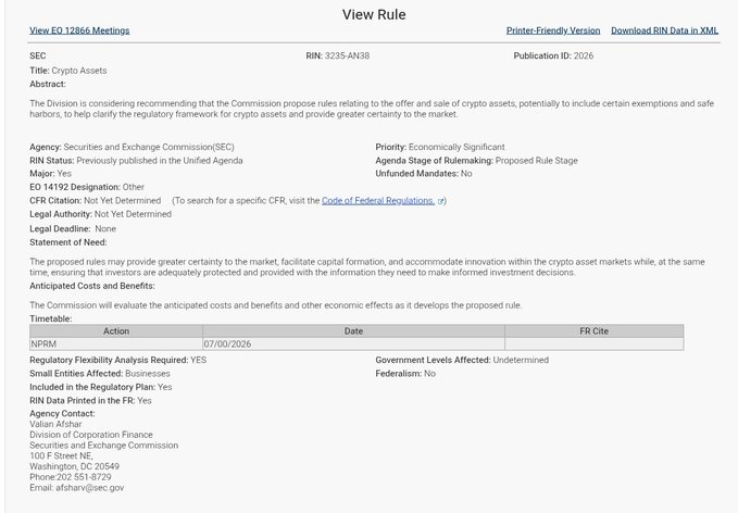 The image shows an SEC "View Rule" page for RIN 3235-AN38, a proposed rule titled "Crypto Assets" aimed at clarifying the regulatory framework for crypto asset offerings and sales, with Publication ID 2026 and a Priority of "Economically Significant." The page includes details such as the SEC as the agency, contact information for Vaishan Afshar, and a Next Action of "NPRM" scheduled for 07/00/2026.

This relates to the accompanying post by showing the official SEC proposed rulemaking entry for the upcoming "sweeping crypto rule changes" referenced, which will address startups, exchanges, and broker-dealers in the crypto market.