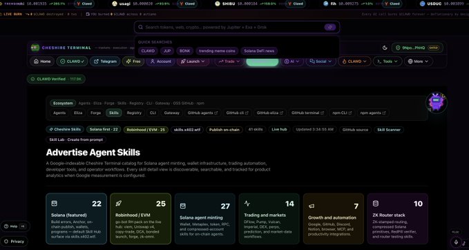 Screenshot of a crypto interface showing various token tickers (LOVE, BCNA, SHIB, EN, USDUC) at the top, featuring a 'CLAWD' skill directory with 'Advertise Agent Skills' options like Solana featured, Robinhood/EVM, and Solana agent minting.