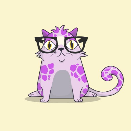 A cartoon illustration of a pink and purple spotted cat wearing large black-framed glasses, depicted in a CryptoKitties NFT art style. The whimsical feline character visually represents the "Kitty Hats" concept mentioned in the post, where NFTs can own other NFTs as accessories.