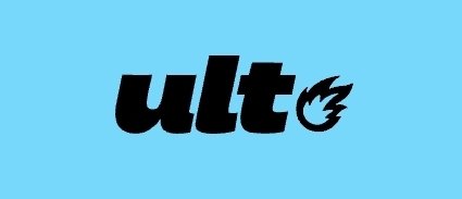 A logo reading 'ult' in bold black lowercase letters accompanied by a small flame icon, set against a light blue background.