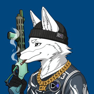 A digital illustration features an anthropomorphic white wolf character wearing a black beanie, gold chain, and dark jacket with 'DX' branding, holding a smoking futuristic weapon against a blue background.