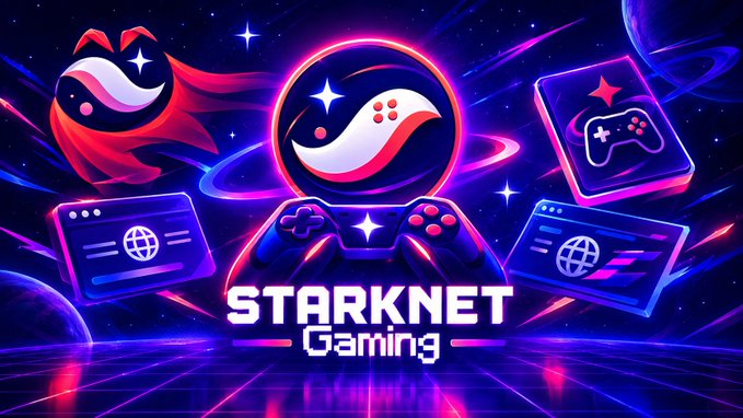 A neon-themed graphic for 'STARKNET Gaming' featuring the Starknet logo surrounded by gaming-related icons like controllers and web browsers against a cosmic background.