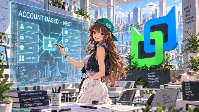 An anime-style illustration of a girl in a green 'ODK' cap and headphones pointing at a holographic interface displaying 'ACCOUNT-BASED • NEXT' with features like 'SIMPLE', 'SECURE', 'FLEXIBLE', and 'WALLET', set in a futuristic cityscape with a green and blue logo.