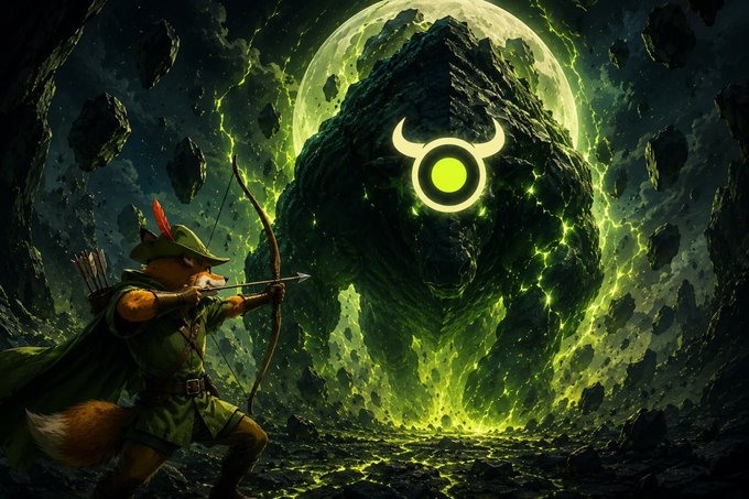 A digital illustration shows an anthropomorphic fox archer in green clothing aiming a bow at a massive floating rocky monster with glowing green eyes and a circular symbol, set against a green cosmic background with a moon.