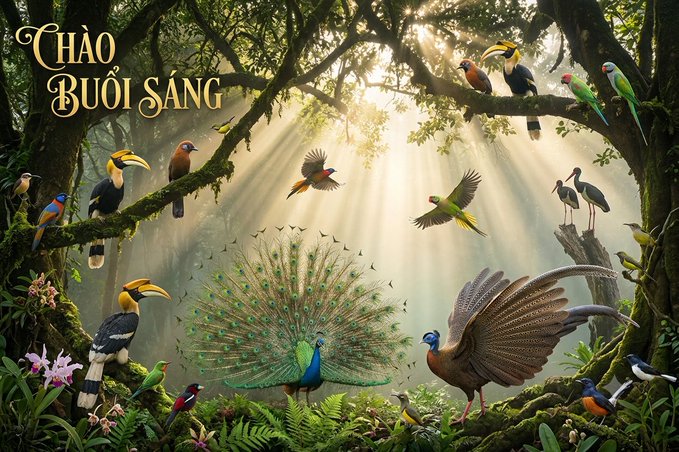 A fantasy illustration shows various colorful birds including a peacock with a fanned tail perched in a lush, sunlit forest, with the text "CHÀO BUỔI SÁNG" (Good Morning in Vietnamese) in the corner.