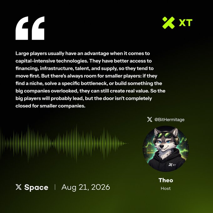 The image is a quote graphic from X Spaces (dated Aug 21, 2026) featuring host Theo (@BitHermitage) with an illustrated wolf avatar wearing sunglasses and an XT hoodie. It displays an audio waveform alongside the quote about capital-intensive technologies favoring large players with better access to financing, infrastructure, talent, and supply chains, but noting smaller companies can still create value by finding a niche, solving a bottleneck, or building what big companies overlooked.
