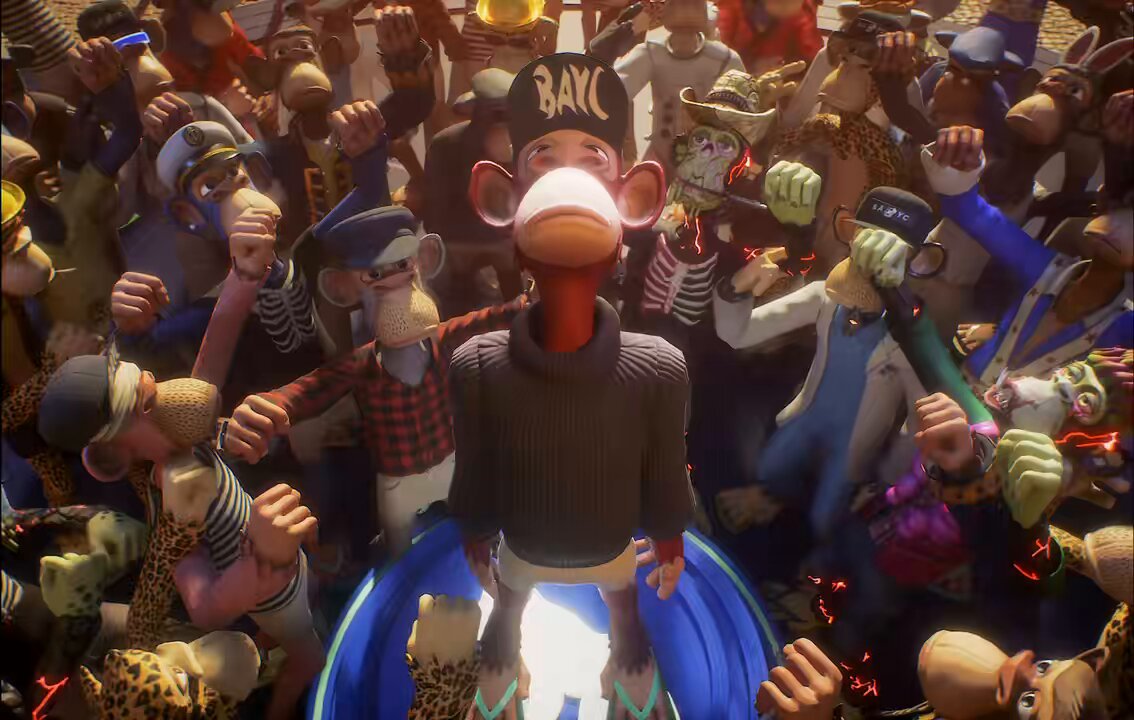 The image features a cartoon character wearing a pirate hat, standing in front of a crowd of people who are also wearing hats. The character appears to be speaking into a microphone or shouting at the audience. The caption for the image reads "In @mfigge we trust Follow @DashboUGC Drop ur BAYC.com profile + BAYC# or MAYC# FOR A RENDER LIKE THIS".