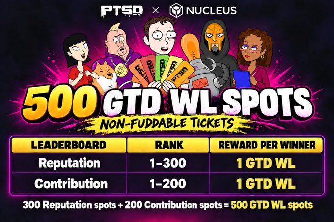 A promotional graphic for PTSD x NUCLEUS advertising '500 GTD WL SPOTS - NON-FUDDABLE TICKETS' with leaderboards showing Reputation ranks 1-300 and Contribution ranks 1-200, each rewarding 1 GTD WL.