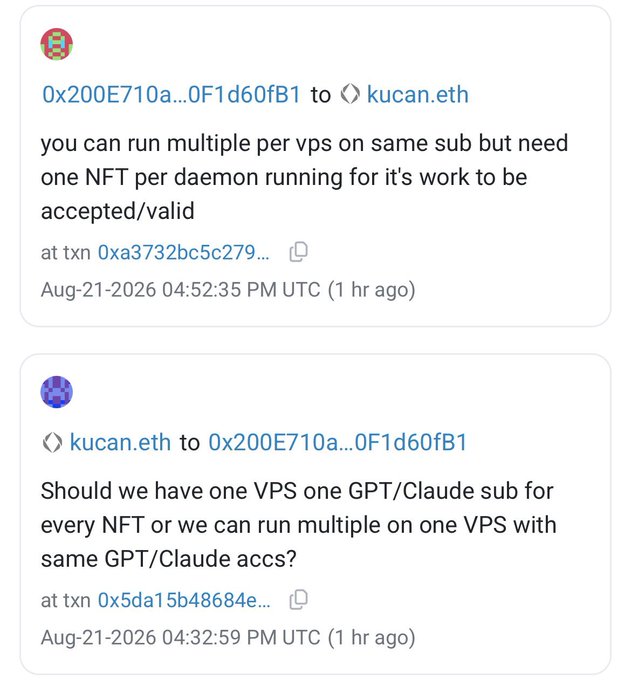 A conversation between 0x200E710a...0F1d60fB1 and kucan.eth on Lens, where kucan.eth asks whether they need a separate VPS and GPT/Claude subscription for each NFT, and is informed that multiple daemons can run on the same VPS/subscription but each daemon requires its own IdentityMD ($IMD) NFT to be considered valid.