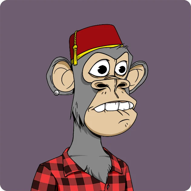 A cartoon illustration of a stern-looking monkey wearing a red fez hat and a red and black plaid flannel shirt against a gray background, representing a bored ape-style NFT character.