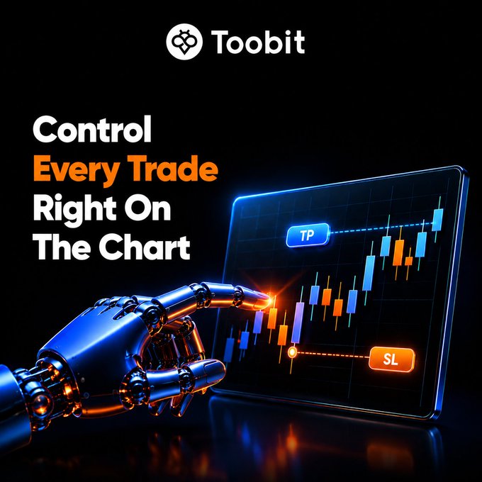 A promotional image for Toobit featuring a robotic hand interacting with a candlestick chart on a screen, highlighting "TP" (Take Profit) and "SL" (Stop Loss) markers with the headline "Control Every Trade Right On The Chart." The graphic visually reinforces the post's message about managing trades directly on charts without switching windows.