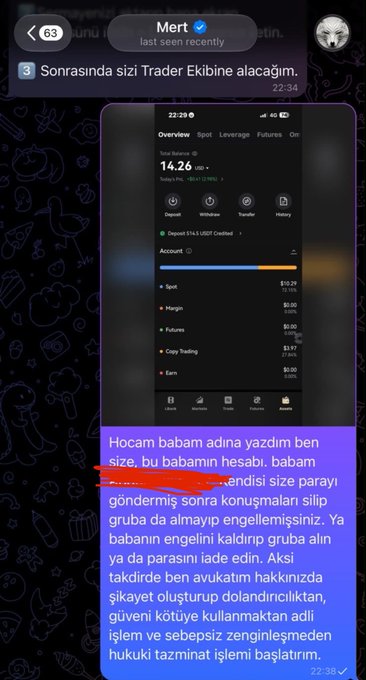 The image shows a Telegram message from "Mert" displaying a trading app screenshot with a total balance of $14.26 USD, containing a warning message about a scam where someone impersonated "babam" (my father) to request money via USDT deposit, threatening legal action if the funds aren't returned. This relates to the post's warning about a repeat scam incident involving cryptocurrency fraud and impersonation tactics targeting victims like ÖMÜR TATLI.
