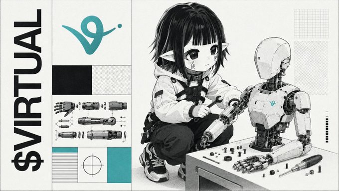 An illustrated graphic titled '$VIRTUAL' shows a dark-haired anime character working on a robotic arm, accompanied by a teal logo and technical diagrams of mechanical components.