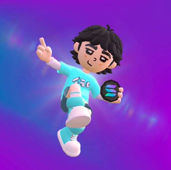 A 3D-rendered cartoon character with black hair wearing a teal outfit holding the Solana logo, set against a purple background.