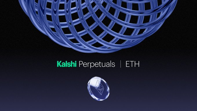 The image features a blue wire mesh with a silver coin at its center, surrounded by a black background. The text "KALSHI PERPETUALS ETH" is displayed above the wire mesh, indicating that this is an advertisement for Ethereum Perpetuals.