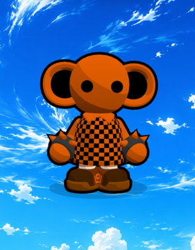 An illustration of a brown cartoon teddy bear character wearing a black and orange checkered shirt, standing against a blue sky with clouds.