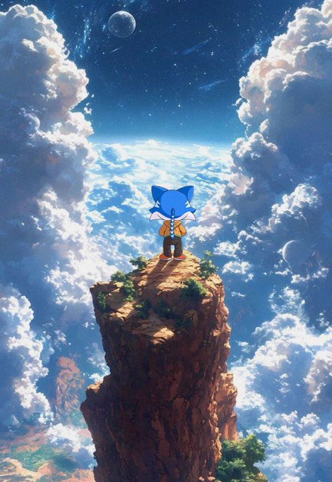 An animated illustration shows a character with a blue Sonic-style head and an orange jacket standing on a rocky pillar overlooking a sea of clouds under a starry sky with planets.