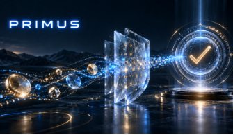 A futuristic digital graphic showing a transparent shield with the text 'PRIMUS' and a checkmark icon, set against a sci-fi landscape.