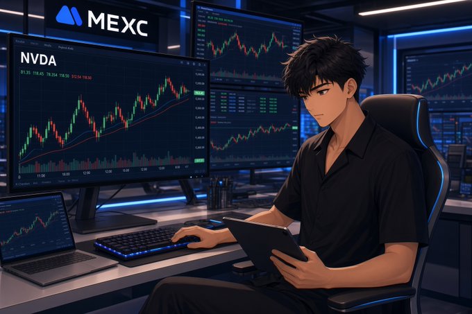 An anime-style illustration shows a young man at a trading desk with multiple screens displaying NVDA stock charts, with the MEXC logo visible in the upper left corner.