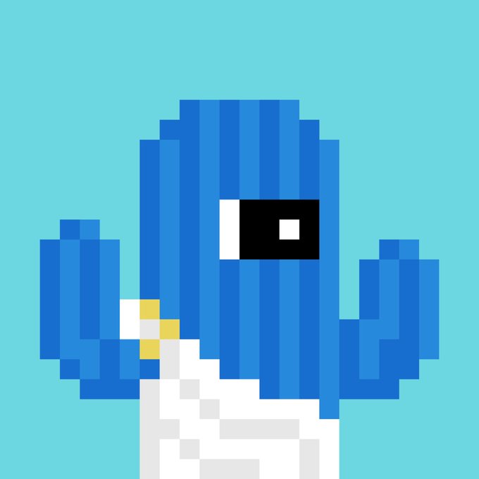 A pixel art illustration of a blue cactus-like character with a single eye, white body, and a small yellow flower, set against a teal background.