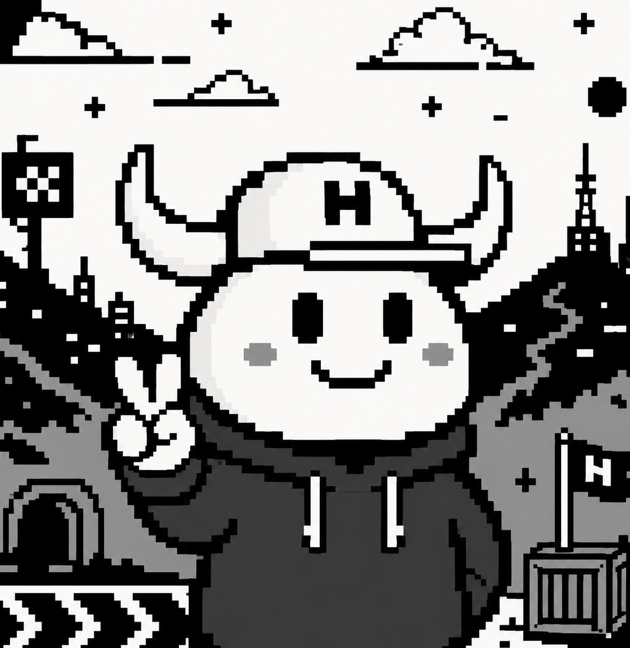 A pixel art illustration shows a cute round character wearing a cap with "H" and a horned helmet, making a peace sign against a monochrome cityscape backdrop.