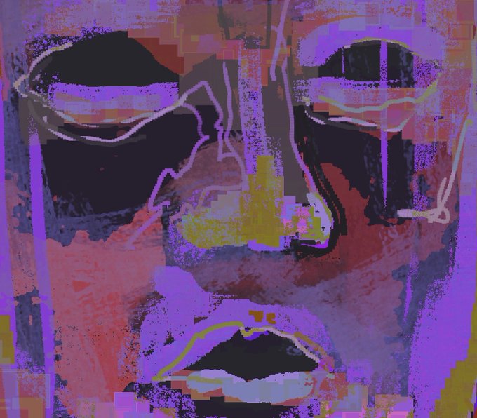 An abstract digital painting of a face rendered in vivid purples, reds, and yellows with heavy brushstrokes and a pixelated texture.