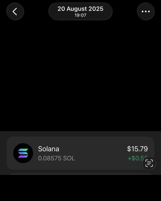 A screenshot from a crypto portfolio app dated 20 August 2025 at 19:07, showing a small Solana (SOL) holding of 0.08575 SOL valued at $15.79 with a gain of about $0.58. The modest balance reflects the post's tongue-in-cheek "0.08 SOL and a dream" sentiment about holding a tiny amount of Solana.