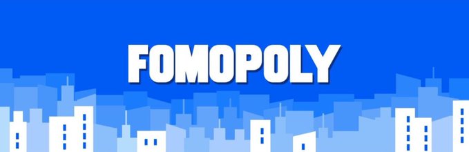 A blue illustrated cityscape banner displays the large white word “FOMOPOLY.”