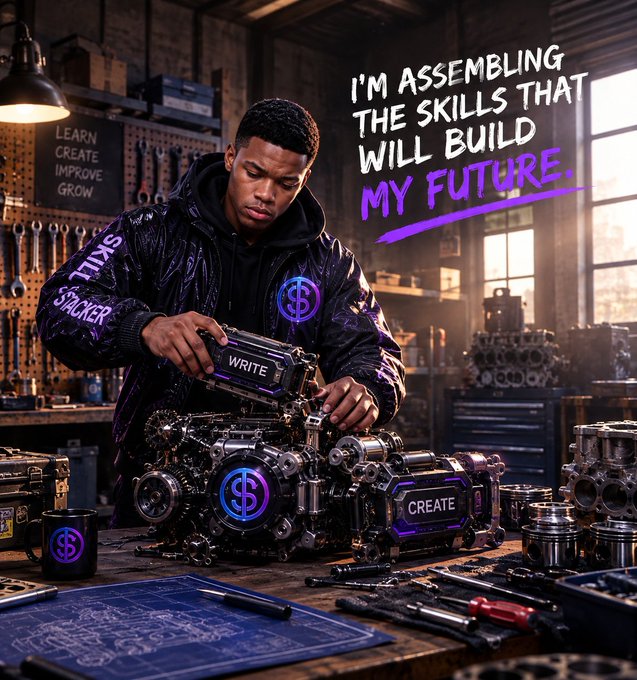 An AI-generated image of a young man in a workshop assembling mechanical parts, with the text 'I'M ASSEMBLING THE SKILLS THAT WILL BUILD MY FUTURE' and labels 'WRITE', 'CREATE', and 'SKILL STACKER' on the components.