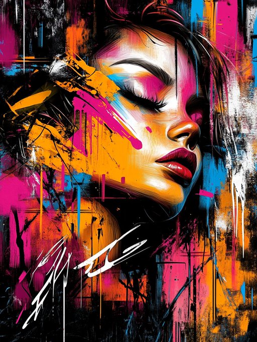 A vibrant, abstract street art style portrait of a woman with closed eyes, featuring bold splashes of pink, yellow, and blue with dripping paint effects.
