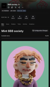 An NFT collection page for '888 society' displaying stats (Mint, Items: 10,294) and a 3D character avatar with orange hair and a gold chain.