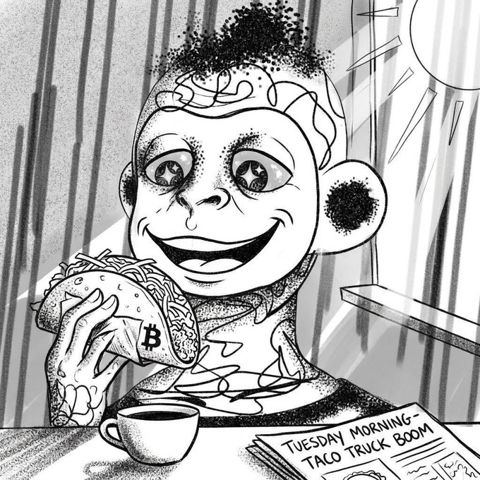 A black and white stippled illustration shows a wide-eyed, smiling character with star-filled eyes eating a taco with a Bitcoin logo on it, sitting at a table with a coffee cup and a newspaper reading 'TUESDAY MORNING - TACO TRUCK BOOM'.