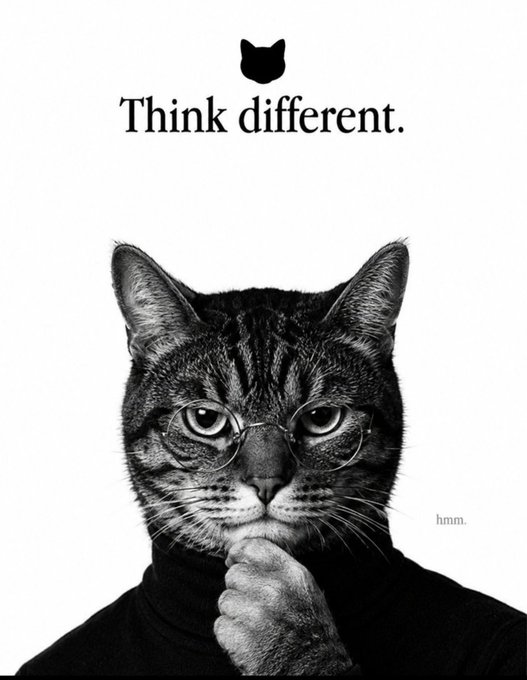 A black-and-white photo of a bespectacled tabby cat in a contemplative pose, with a small cat silhouette and the text "Think different." above, and "hmm." beside the cat's face — humorously riffing on Nike's "Believe in something" campaign by substituting a thoughtful feline for the famous athlete.