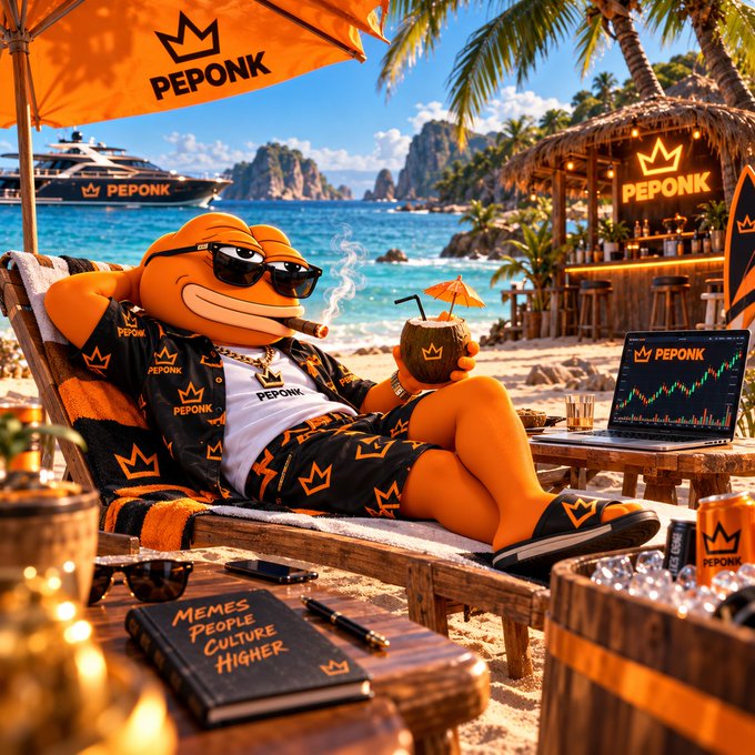 An AI-generated image of a Peponk frog character relaxing on a beach lounger with sunglasses, a cigar, and a coconut drink, with a yacht and laptop showing stock charts in the background.