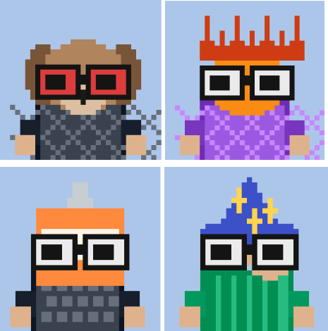 Four pixel-art character avatars wearing large glasses and colorful outfits (gray, purple, orange, and green/blue) representing an NFT collection. The post promotes the "Arcins" NFT project launching on ARC mainnet with a 10,000 supply at low USDC mint prices.