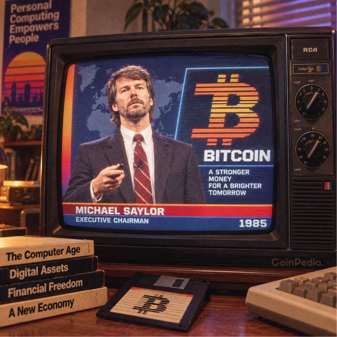 A retro-style illustration shows a vintage television displaying 'MICHAEL SAYLOR / EXECUTIVE CHAIRMAN' and '1985' alongside a Bitcoin logo and the slogan 'A STRONGER MONEY FOR A BRIGHTER TOMORROW,' sitting on a desk with books titled 'The Computer Age,' 'Digital Assets,' 'Financial Freedom,' and 'A New Economy.'