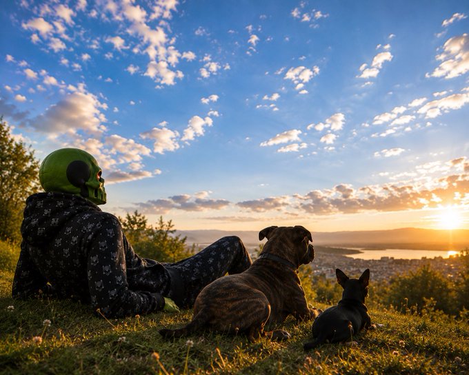 The image shows a man sitting on a grassy hill with two dogs at his feet. The sky above them has beautiful hues of orange, suggesting that they are either during sunset or sunrise. A caption below the photo reads "GM! Perfect day to build. Also, if you haven’t checked out @gramiumio yet, give it a quick look! Your support goes a long way. Thanks and have a great day".