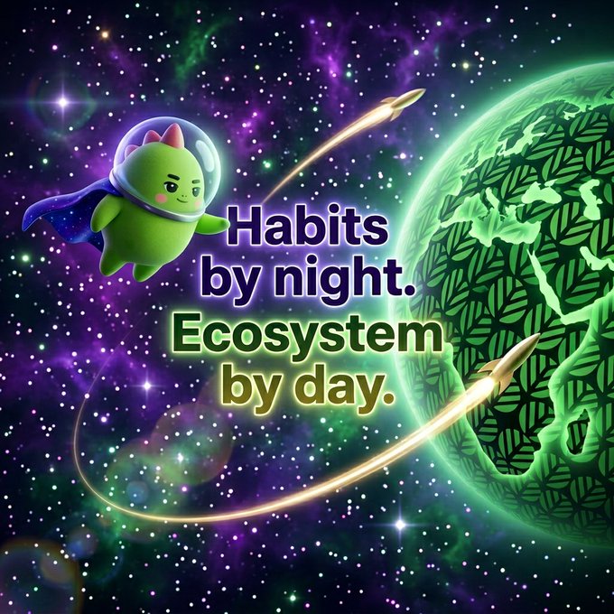 The image features a green planet with a green and white patterned surface, surrounded by stars. A small green dinosaur wearing a blue and purple suit is flying through space above the planet. The background of the image has purple and green colors, creating an immersive atmosphere for the viewer. Below the image, there's text that reads "Habits by night. Ecosystem by day."