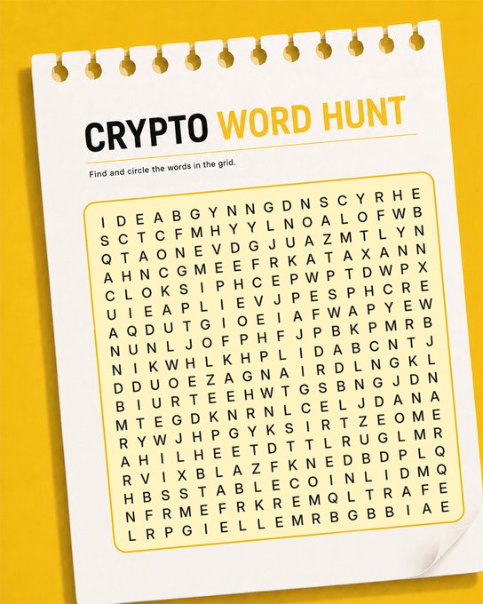 A crypto-themed word search puzzle titled "CRYPTO WORD HUNT" with the instruction "Find and circle the words in the grid," featuring a letter grid on a yellow background where players can hunt for hidden cryptocurrency-related terms. The image directly complements the post's challenge by presenting a visual puzzle inviting viewers to test their word-finding skills.