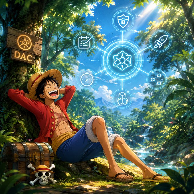 An anime-style illustration shows a character resembling Luffy from One Piece, wearing his signature straw hat and red shirt, relaxing against a tree with a treasure chest and Straw Hat Pirates Jolly Roger nearby. Above him, a glowing blue hexagonal network of icons floats in the sky with the word 'DAC' visible on a wooden sign.