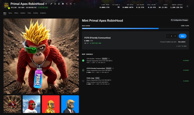 The image shows the minting page for the "Primal Apes RobinHood" NFT collection, displaying a red ape character with blonde spiked hair wearing sunglasses and a "PRIMAL" tag, alongside mint statistics showing 3,032 items minted out of 4,444 and a "Friendly Communities" FCFS (First-Come, First-Served) minting phase. The interface confirms the collection is in its FCFS phase for 1 of 3 wallets allowed to mint, supporting the post's message about the opportunity to mint during this exclusive "I really want in" phase at 300% above floor price.