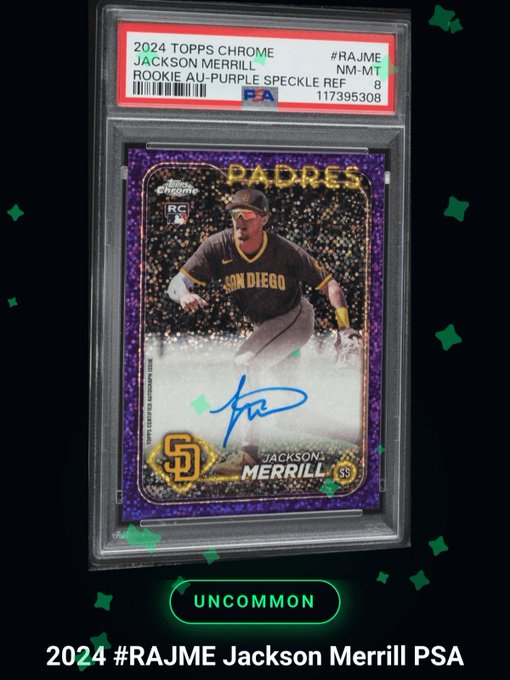 A graded PSA 8 2024 Topps Chrome Jackson Merrill Rookie Auto-Purple Speckle Refractor baseball card in a protective case, labeled with '#RAJME' and 'UNCOMMON' at the bottom.
