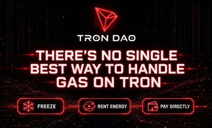 A Tron DAO promotional graphic with a red neon style reads 'THERE'S NO SINGLE BEST WAY TO HANDLE GAS ON TRON', featuring three options labeled 'FREEZE', 'RENT ENERGY', and 'PAY DIRECTLY'.