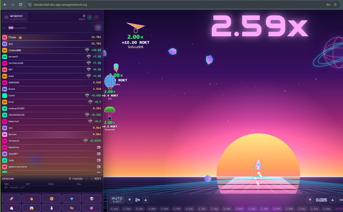 Screenshot of a blockchain slot game called 'Blockchain Duel' on a retro-futuristic interface, showing a 2.59x multiplier and a leaderboard on the left side.