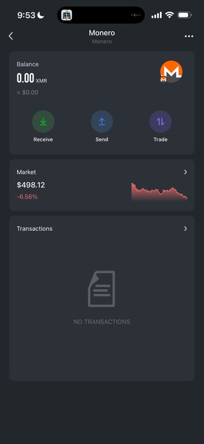 A smartphone screenshot of a Monero (XMR) wallet showing a 0.00 XMR balance, market price of $498.12 (-6.56%), and no transactions.