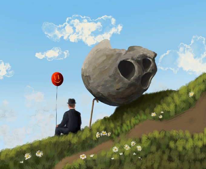 A digital illustration of a person in a suit and hat sitting on a grassy hill holding a red smiley-face balloon, next to a large skull-like rock formation under a blue sky with clouds and daisies.