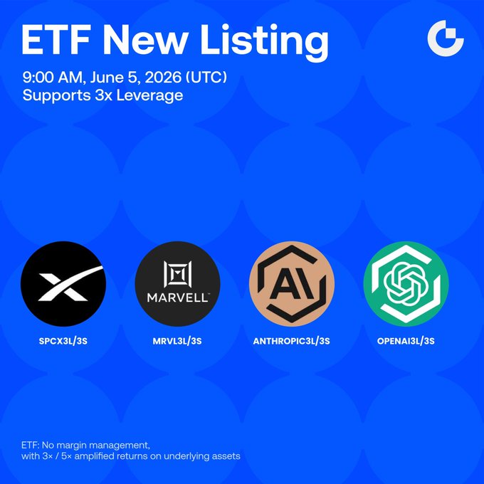 The image features a blue background with white text that reads "EFT New Listing" at the top of the post. Below this title, there are four logos displayed in a row, each representing a different cryptocurrency token. The first logo is for "SPCX3L", followed by "MRVL3L", and then another one for "ANTHROPIC3L". Finally, there's an additional logo for "OPENAD/RS" at the bottom of the post. The text in the image provides information about each token, including its name, trading pairs, and leverage.