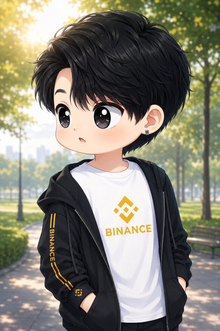 The image features a young boy wearing a white t-shirt with "Binance" written across his chest, standing next to a park bench. The boy has black hair and is looking off into the distance while dressed in a hoodie and jeans. The background of the image includes trees and a city street, creating an urban setting for the scene.